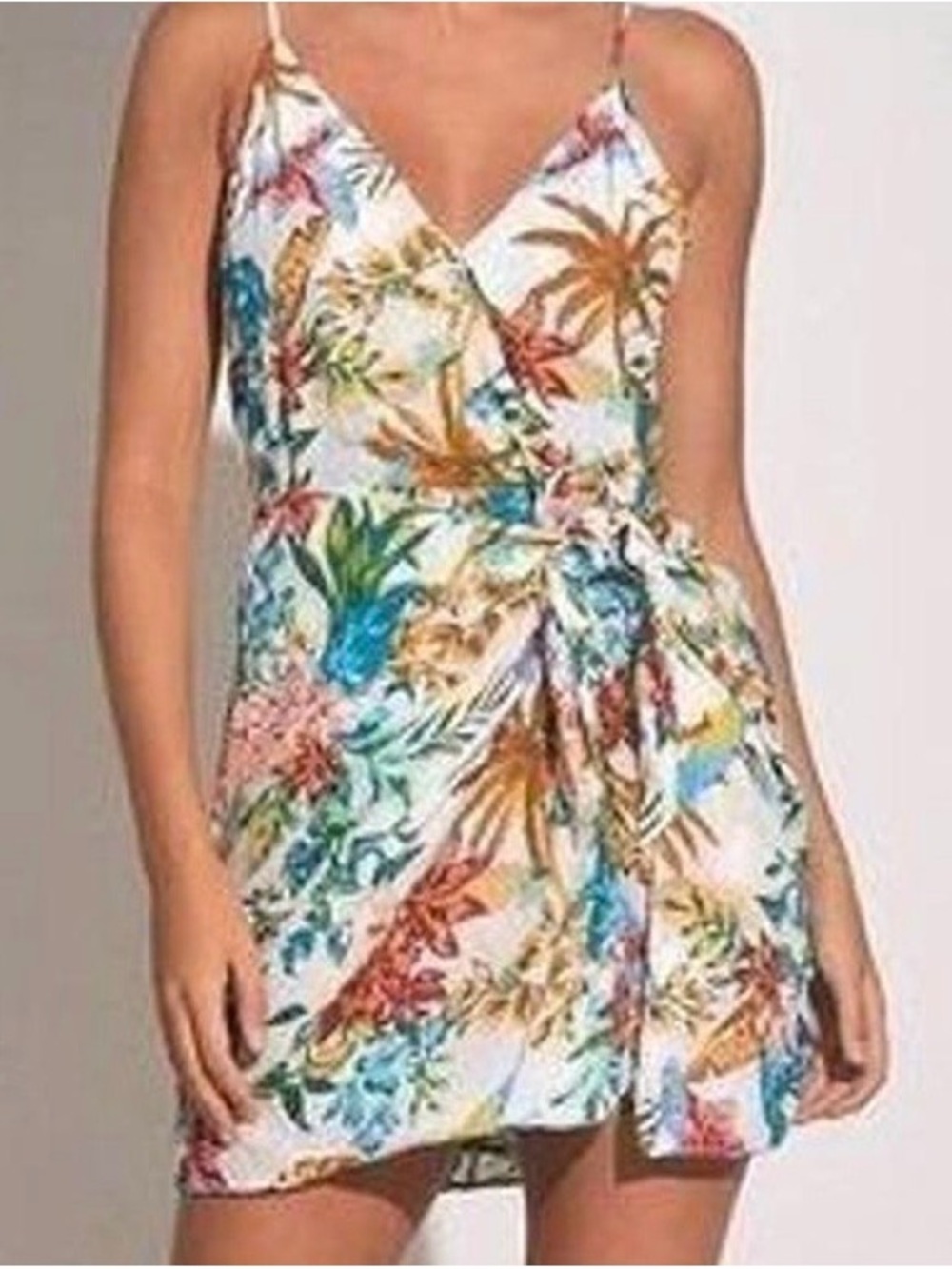 Elan Tropical Paradise Print Wrap Mini Dress in White and Blue Rayon Size Small